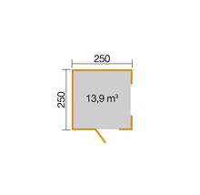 Grundriss eines Gartenhauses mit den Maßen 250 x 250 Zentimeter und einem Volumen von 13,9 Kubikmetern