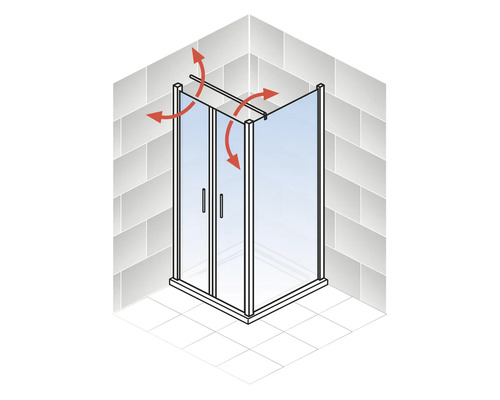 Eckdusche mit Pfeilen zur Veranschaulichung der Montage