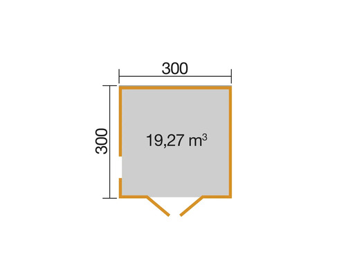 Plan d''un abri de jardin avec des dimensions de 300 sur 300 centimètres et un volume de 19,27 mètres cubes