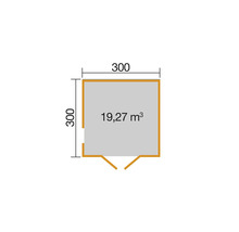 Grundrisszeichnung mit Maßangaben 300 x 300 und Volumenangabe 19,27 Kubikmeter