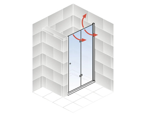 Coin d''une douche carrelée avec cabine de douche en verre et flèches rouges indiquant la circulation de l''air