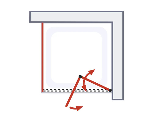 Illustration d'une porte de cabine de douche avec indication de la zone de pivotement