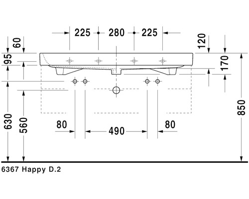 Technische Zeichnung des Happy D.2 Waschtisches mit Maßangaben