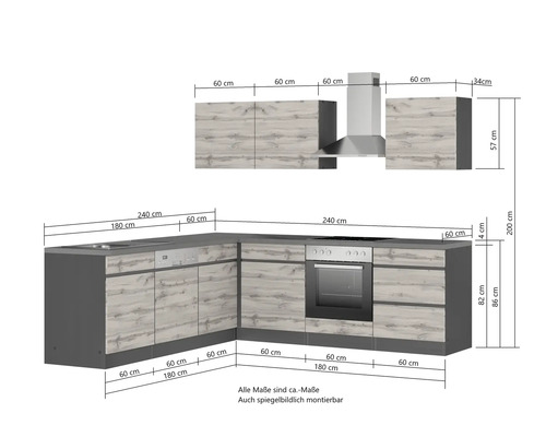 Küchenzeile mit Spüle, Geschirrspüler, Herd, Backofen, Dunstabzugshaube und Hängeschränken mit Maßangaben