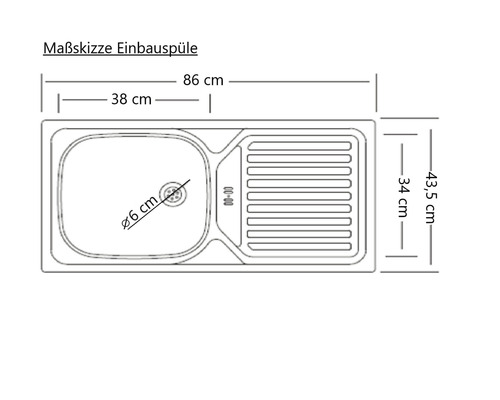Maßskizze einer Einbauspüle mit Becken und Abtropffläche, Abmessungen in Zentimetern