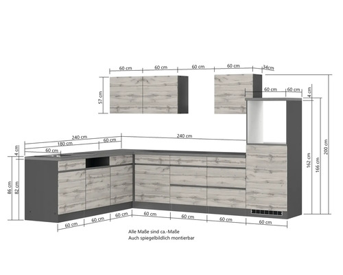 Abbildung einer Küchenzeile mit Maßangaben.