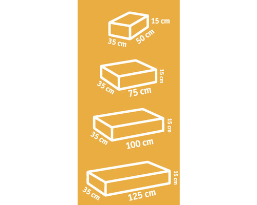 Skizze von vier Blöcken mit den Maßen 35 cm x 50 cm, 35 cm x 75 cm, 35 cm x 100 cm und 35 cm x 125 cm, jeweils 15 cm hoch.