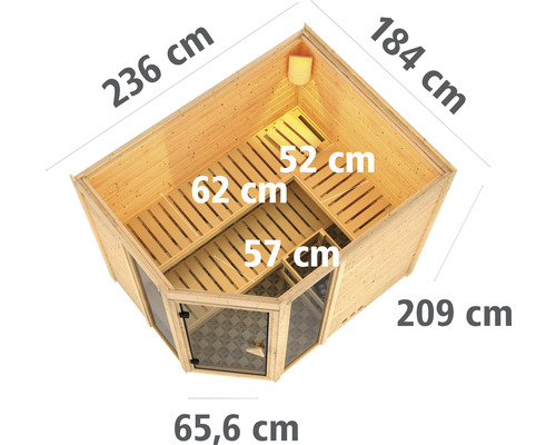 Vue de dessus d''un sauna d''angle avec dimensions