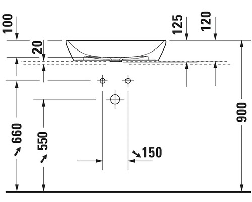 Schéma technique d''un lavabo avec indications de dimensions