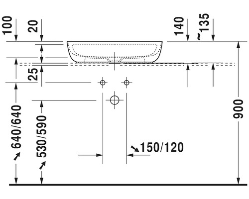 Technische Zeichnung eines Waschbeckens mit Maßangaben