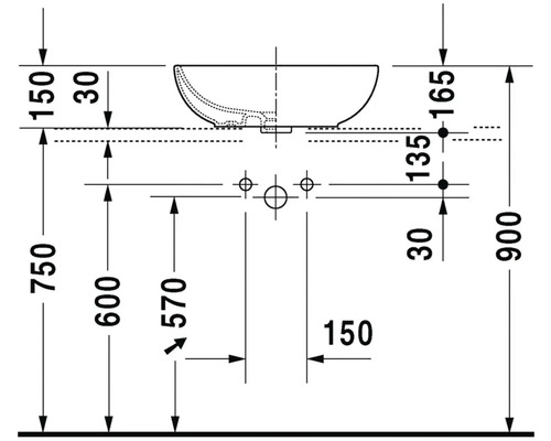 Technische Zeichnung eines Waschbeckens mit Maßangaben
