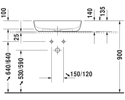 Technische Zeichnung eines Waschtischs mit Maßangaben