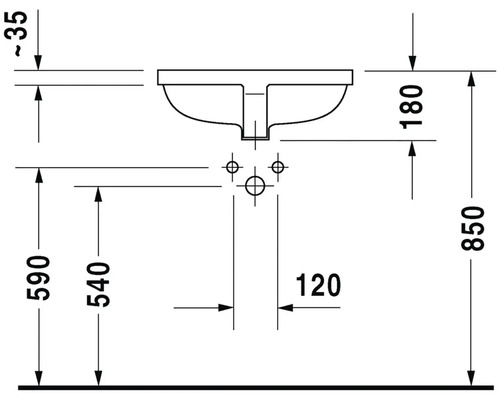 Schéma coté d''un lavabo avec les dimensions suivantes : hauteur 850 millimètres, profondeur 590 millimètres et largeur 120 millimètres