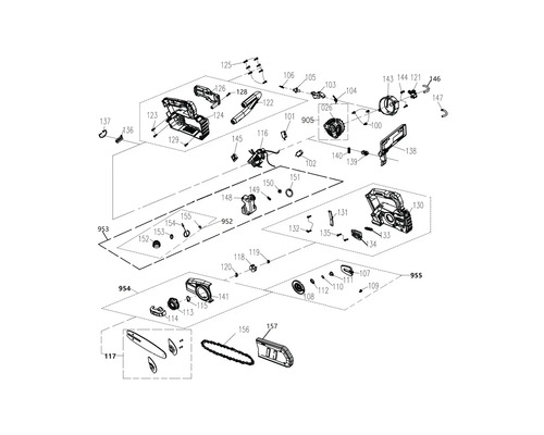 Schéma éclaté d''une tronçonneuse montrant la disposition des pièces