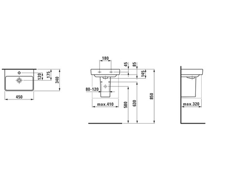 Technische Zeichnung eines Waschtischs mit Maßangaben.