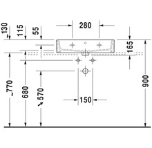 Dessin coté d''un lavabo avec les dimensions hauteur 900 mm, largeur 280 mm et profondeur 165 mm.