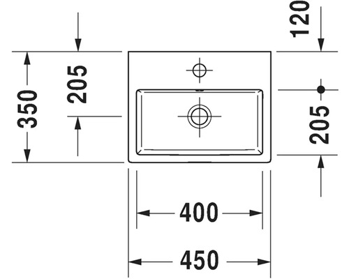 Technische Zeichnung eines Waschbeckens mit Maßangaben