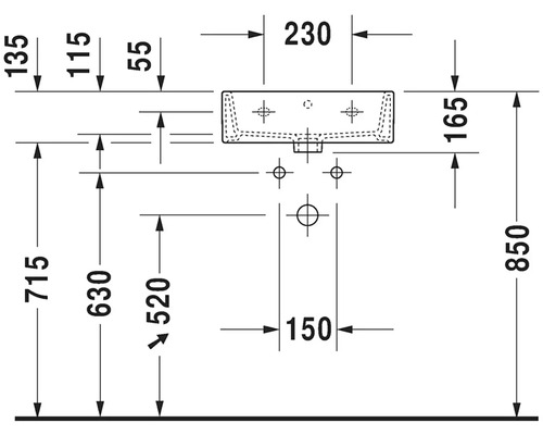 Technische Zeichnung eines Waschbeckens mit Maßangaben