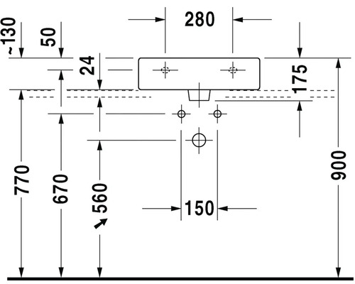 Technische Zeichnung eines Waschbeckens mit Maßangaben in Millimetern.