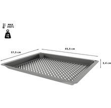 Emailliertes Backblech mit den Maßen 45,5 x 37,5 x 3,4 cm, maximal 350 Grad Celsius und maximal 16 kg Last