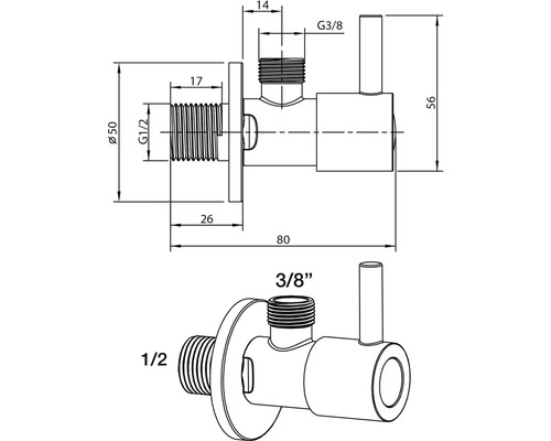 Technische Zeichnung eines Eckventils mit Maßangaben