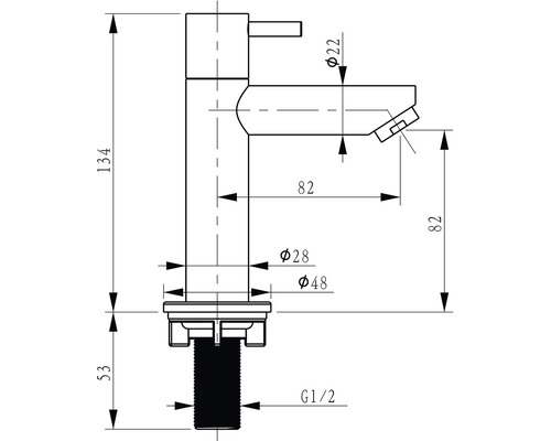 Technische Zeichnung einer Armatur mit Maßangaben