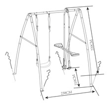 Schéma d''une balançoire pour enfants avec les dimensions suivantes : 220 cm de hauteur, 238 cm de longueur et 210 cm de distance entre la pédale et le sol.