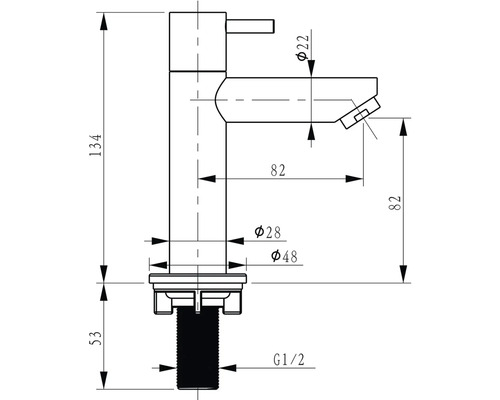 Technische Zeichnung einer Armatur mit Maßangaben