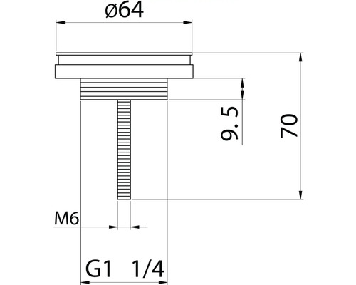 Technische Zeichnung eines Ventils mit den Maßen Durchmesser 64 Millimeter, 9,5 Millimeter, 70 Millimeter, M6 und G1 1/4