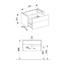Schéma technique d''un meuble sous-lavabo avec les dimensions.