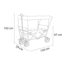 Abbildung der Maße eines Bollerwagens: 102 cm hoch, 59 cm breit und 134 cm lang.