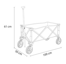 Skizze eines Bollerwagens mit Maßangaben: Höhe 61 cm, Radabstand 50 cm, Länge 100 cm.