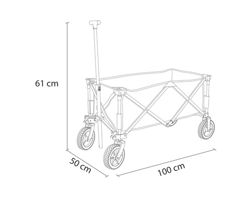 Schéma d''un chariot à bras avec dimensions : hauteur 61 cm, empattement 50 cm, longueur 100 cm.
