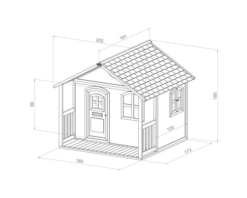 Dimensionszeichnung eines Spielhauses mit Veranda, Tür und Fenstern