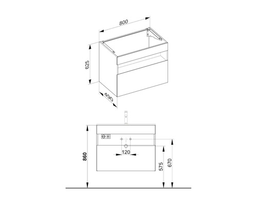 Schéma technique d''un meuble sous-lavabo avec indication des dimensions