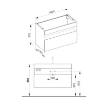 Schéma technique d''un meuble sous-vasque avec indications de dimensions.