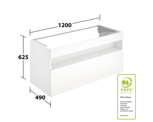 Waschbeckenunterschrank mit Maßangaben und PEFC Siegel