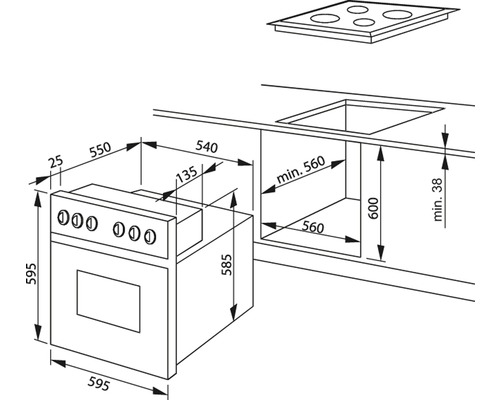 Abmessungen eines Küchenherds mit Kochfeld und Spüle