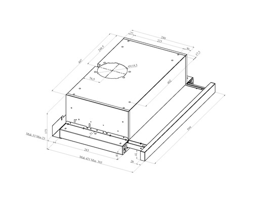 Dessin technique d''une hotte aspirante avec indications de dimensions