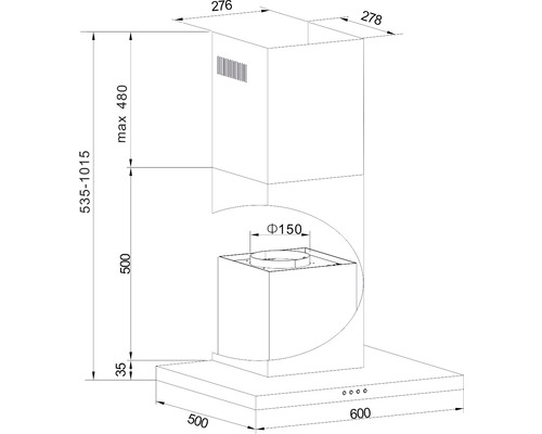 Technische Zeichnung einer Dunstabzugshaube mit Maßangaben