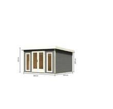 Abbildung eines Gartenhauses mit Maßangaben 369 cm x 309 cm und einer Höhe von 229 cm