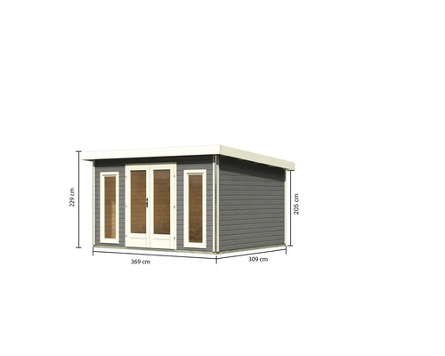 Image d''un abri de jardin avec des dimensions de 369 cm x 309 cm et une hauteur de 229 cm