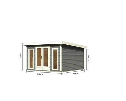 Gartenhaus mit Doppeltür und Seitenfenstern, Abmessungen 369 x 369 x 229 cm
