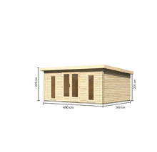 Abri de jardin avec dimensions: 490 cm de large, 369 cm de profondeur et 229 cm de haut.