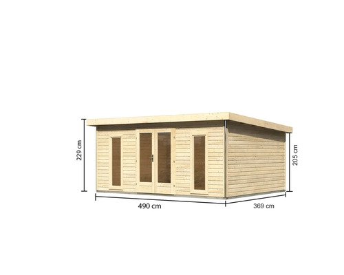 Abri de jardin avec dimensions: 490 cm de large, 369 cm de profondeur et 229 cm de haut.