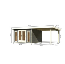 Abbildung eines Gartenhauses mit Carport und Maßangaben