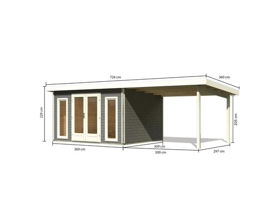 Image d''un abri de jardin avec carport et indications de dimensions