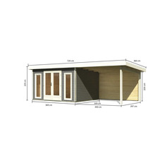 Abbildung eines Gartenhauses mit Carport und Maßangaben.