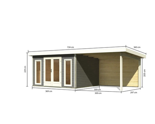 Illustration d''un abri de jardin avec carport et indications de dimensions.
