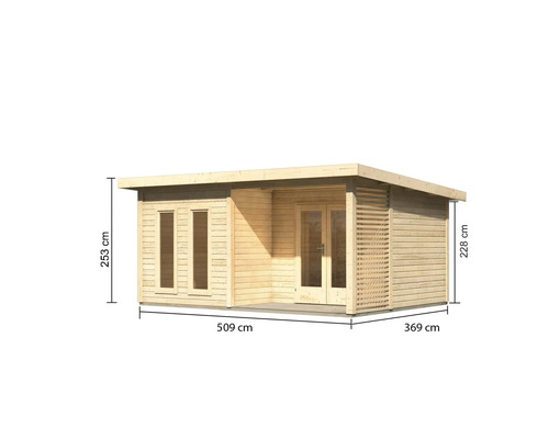 Abri de jardin en bois avec des dimensions de 509 sur 369 sur 253 centimètres